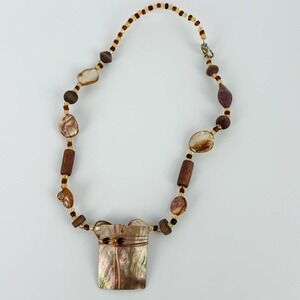 Handmade Natural Shell & Wood Beaded Necklace w/ Wire Wrapped Pendant Boho
